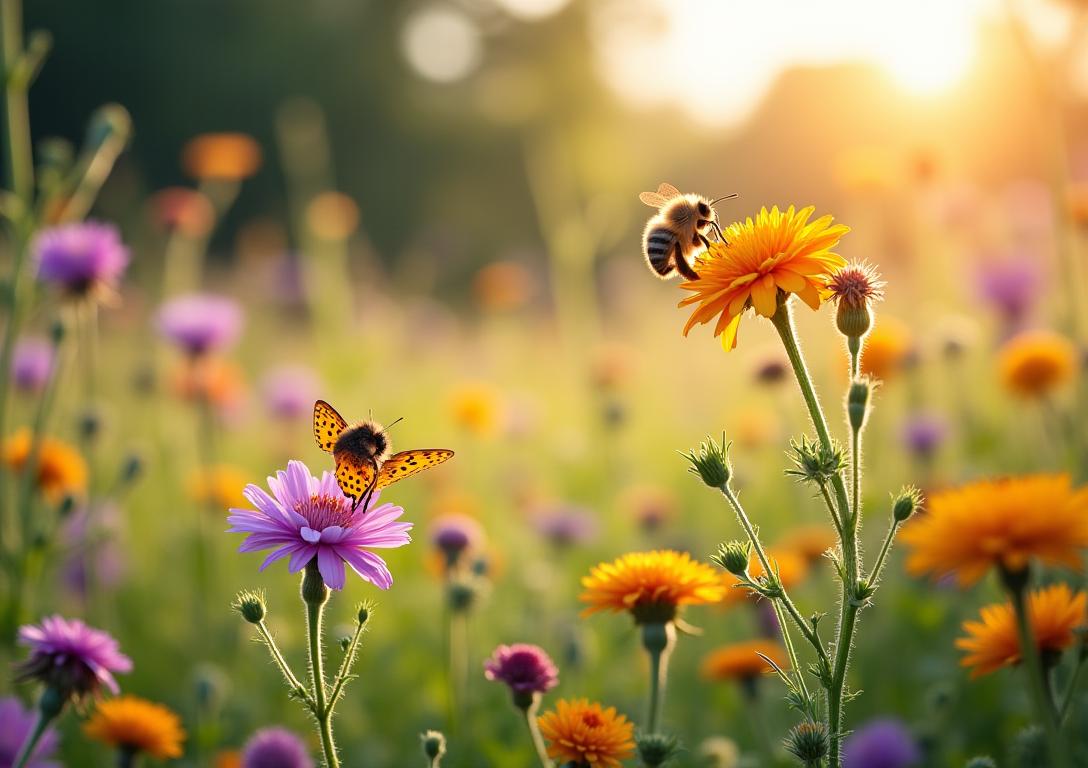 Hage for pollinatorer med blomstereng og insekthotell